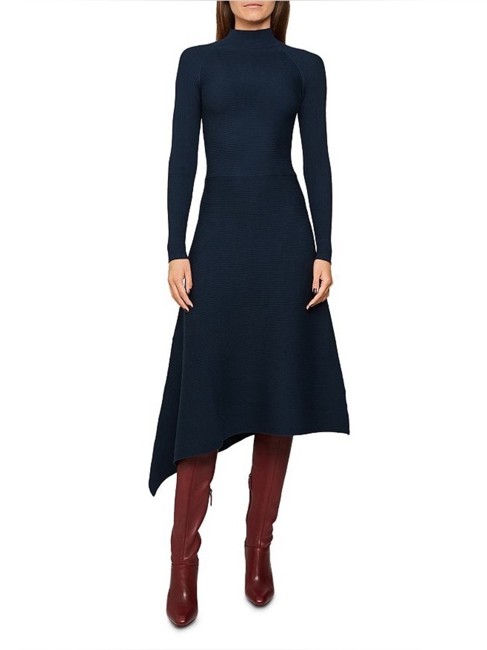 NWT Reiss Leo Ribbed Knit Asymmetric Midi Dress Green Mock Neck Fit Flare Small